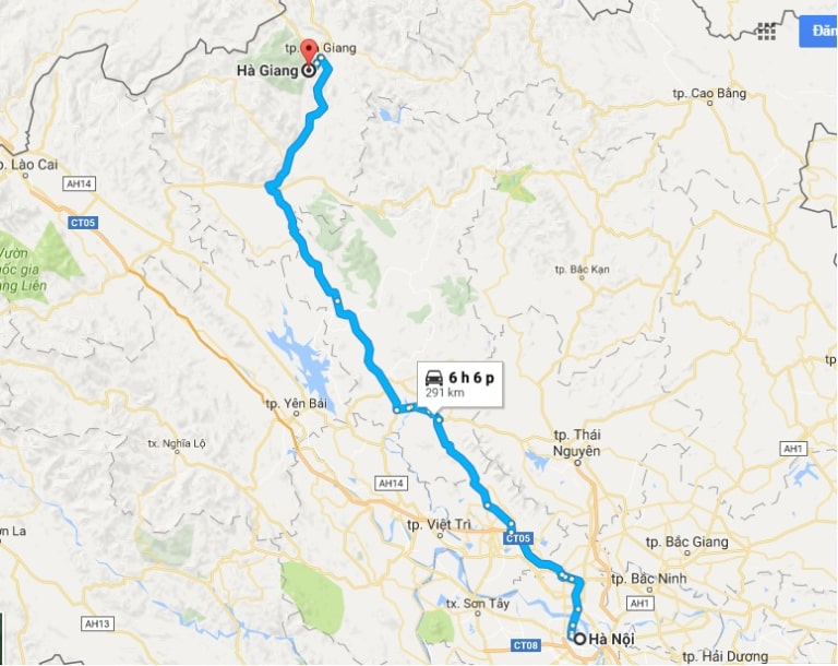 Bản đồ đường đi đến Hà Giang từ Hà Nội (khoảng 300km)